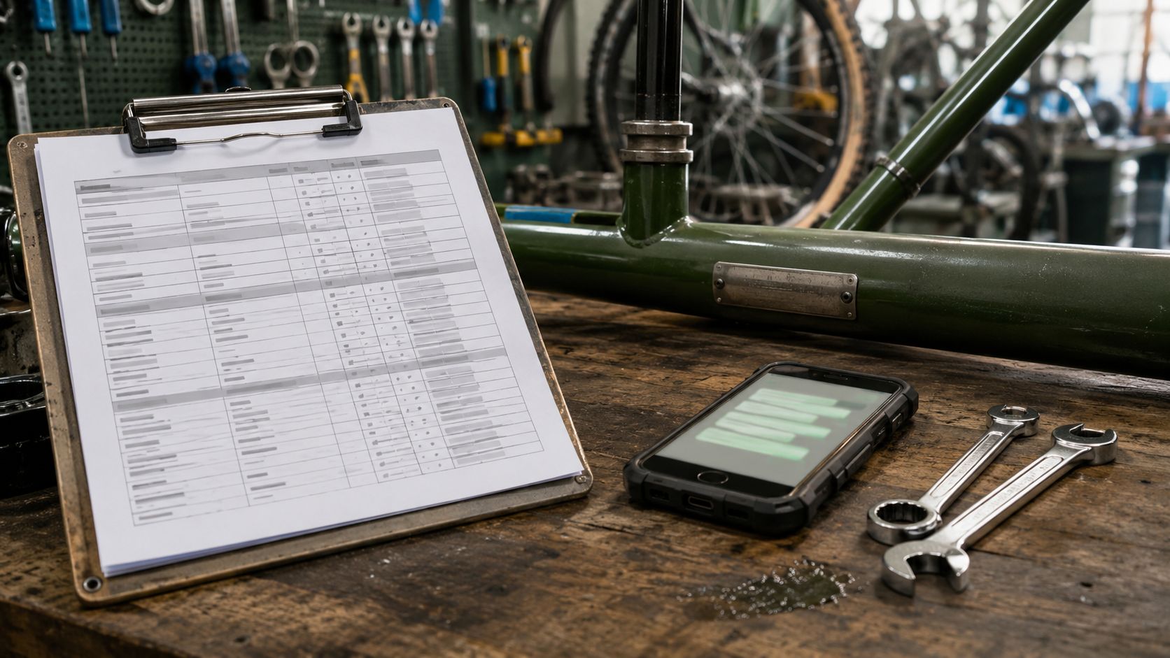 Voorraadlijst op een klembord en een framenummer-plaatje op de werkbank van een fietsenmaker, klaar om de chatbot mee te voeden