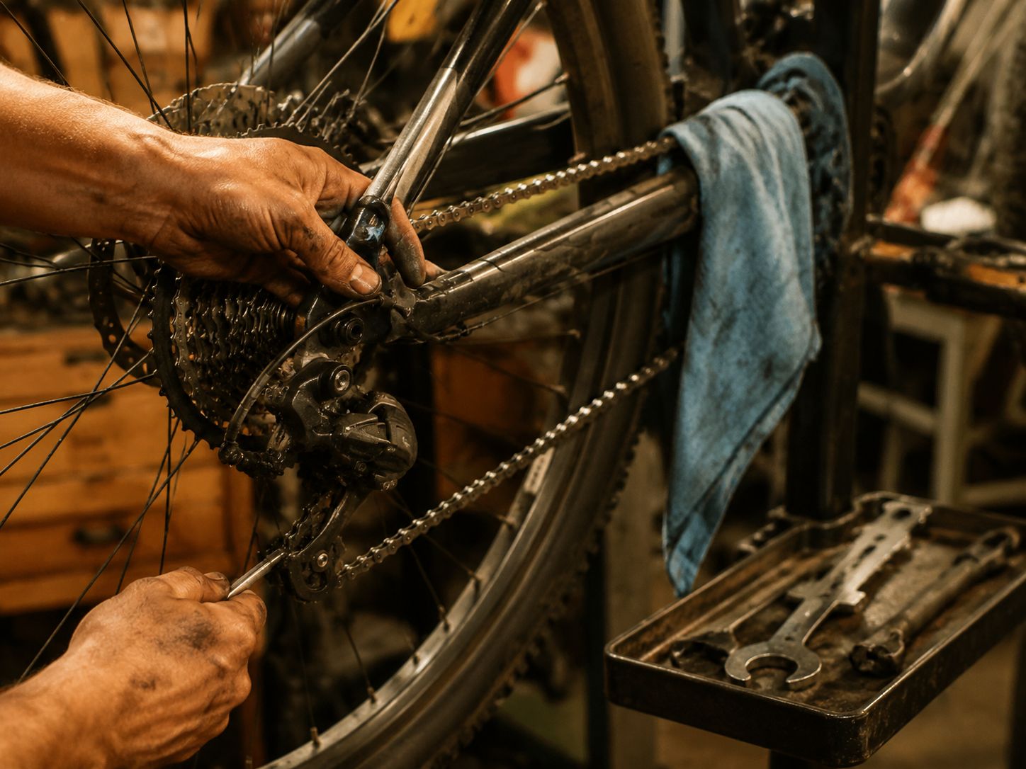 Fietsenmaker met olievlekken op de handen die aan de achterwielderailleur van een e-bike op een montagestandaard werkt, gereedschap op de werkbank op de voorgrond