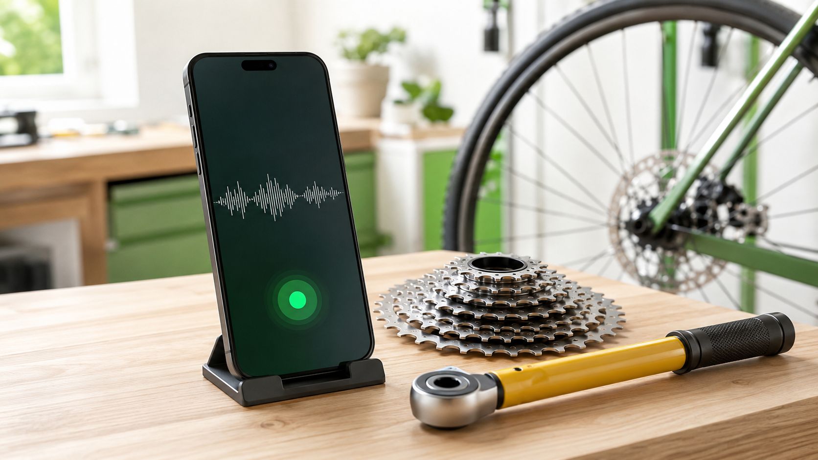 Close-up van een smartphone op een fietsenmaker-werkbank met een abstract belscherm met geluidsgolf, naast een cassette, ketting en bandenlichters