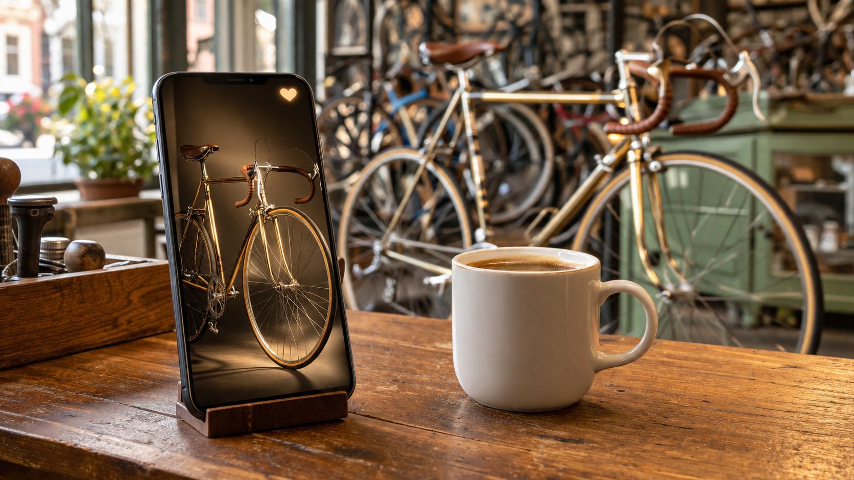 Opgeknapte vintage racefiets op een montagestandaard in een fietsenwerkplaats, telefoon op de werkbank die de fiets fotografeert