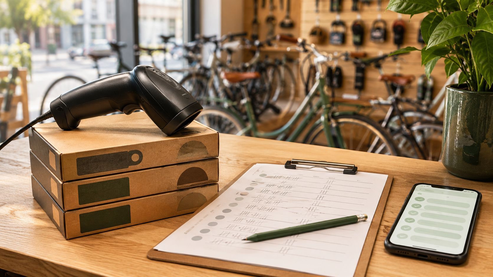 Fietsenmaker scant onderdelen in de werkplaats voor de voorraadtelling