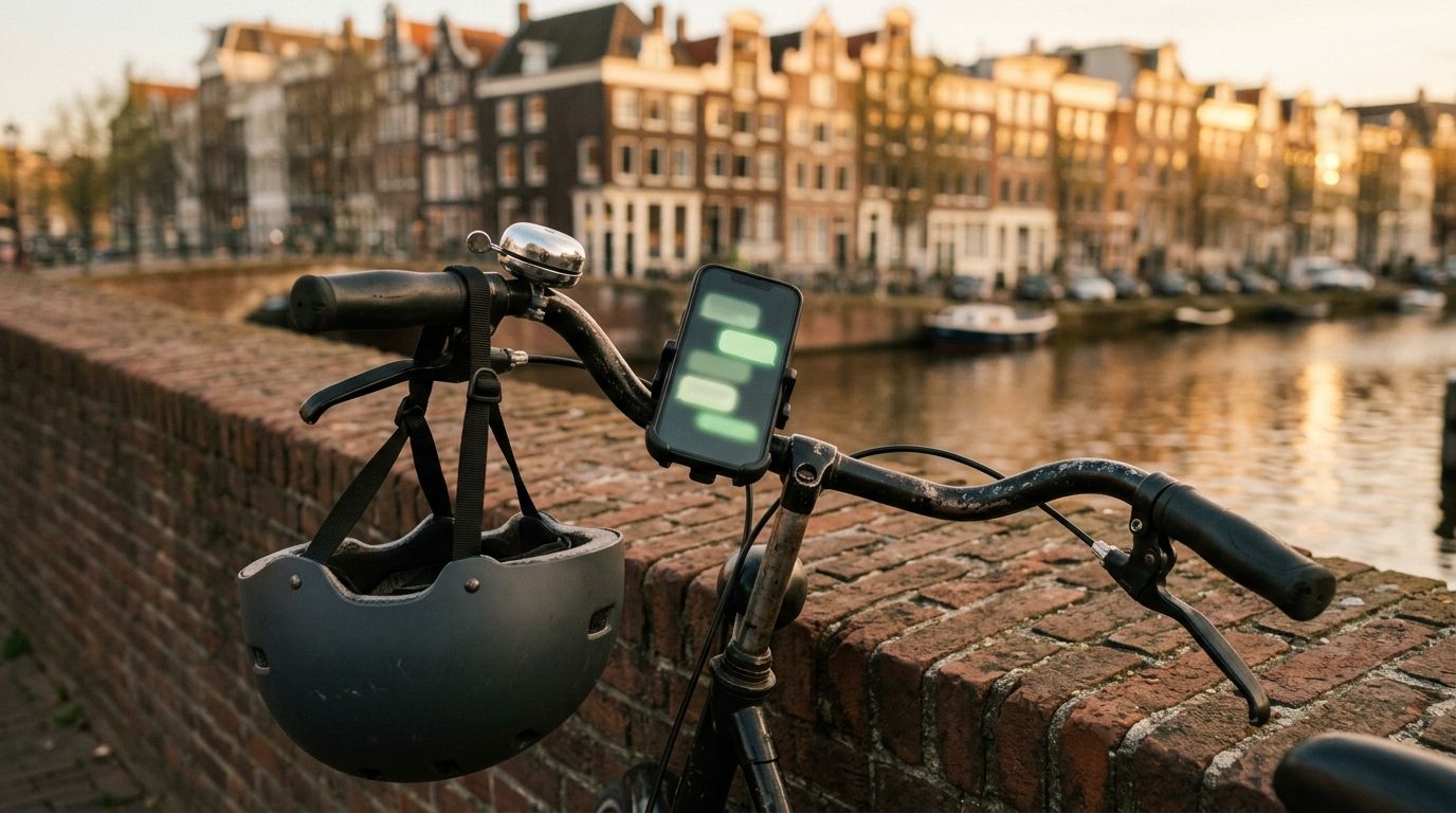 Telefoon in stuurhouder met zachte chat-melding op een fiets bij een Hollandse brug