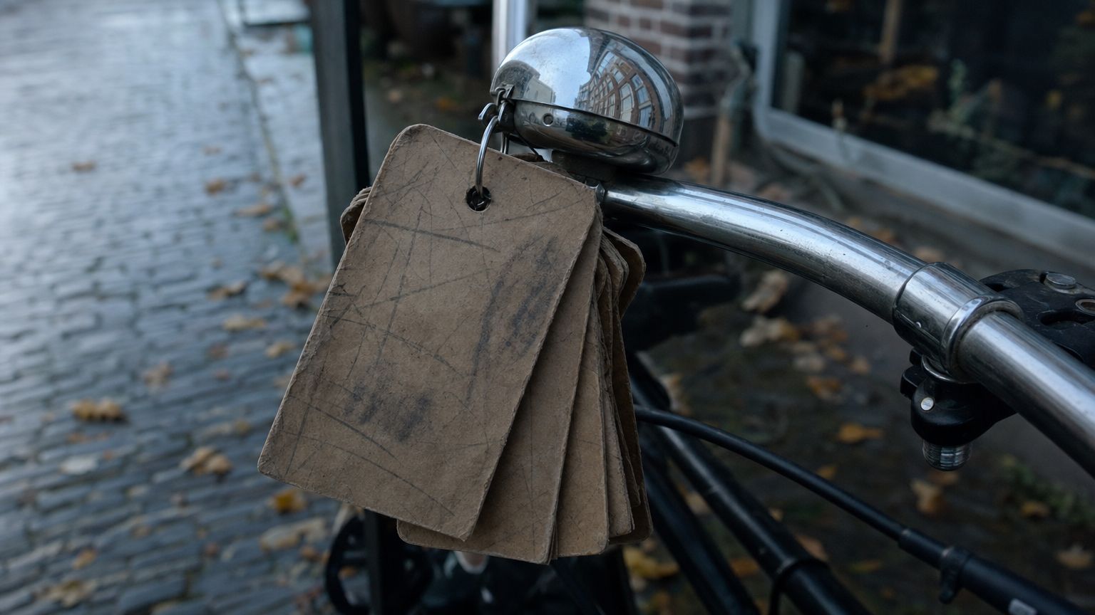 Ring met versleten kartonnen reparatielabels aan het stuur van een fiets, natte kinderkopjes op de achtergrond