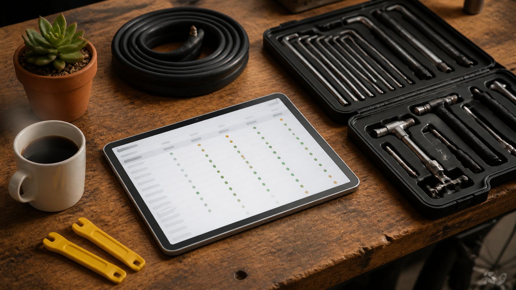 Een werkbank met een tablet die een spreadsheet toont met 6 abstracte kolommen, een gereedschapskist met fietssleutel en bandenlichter, een mok koffie en een stuk fietsband op een houten tafel naast een kleine groene plant in zachte ochtendzon