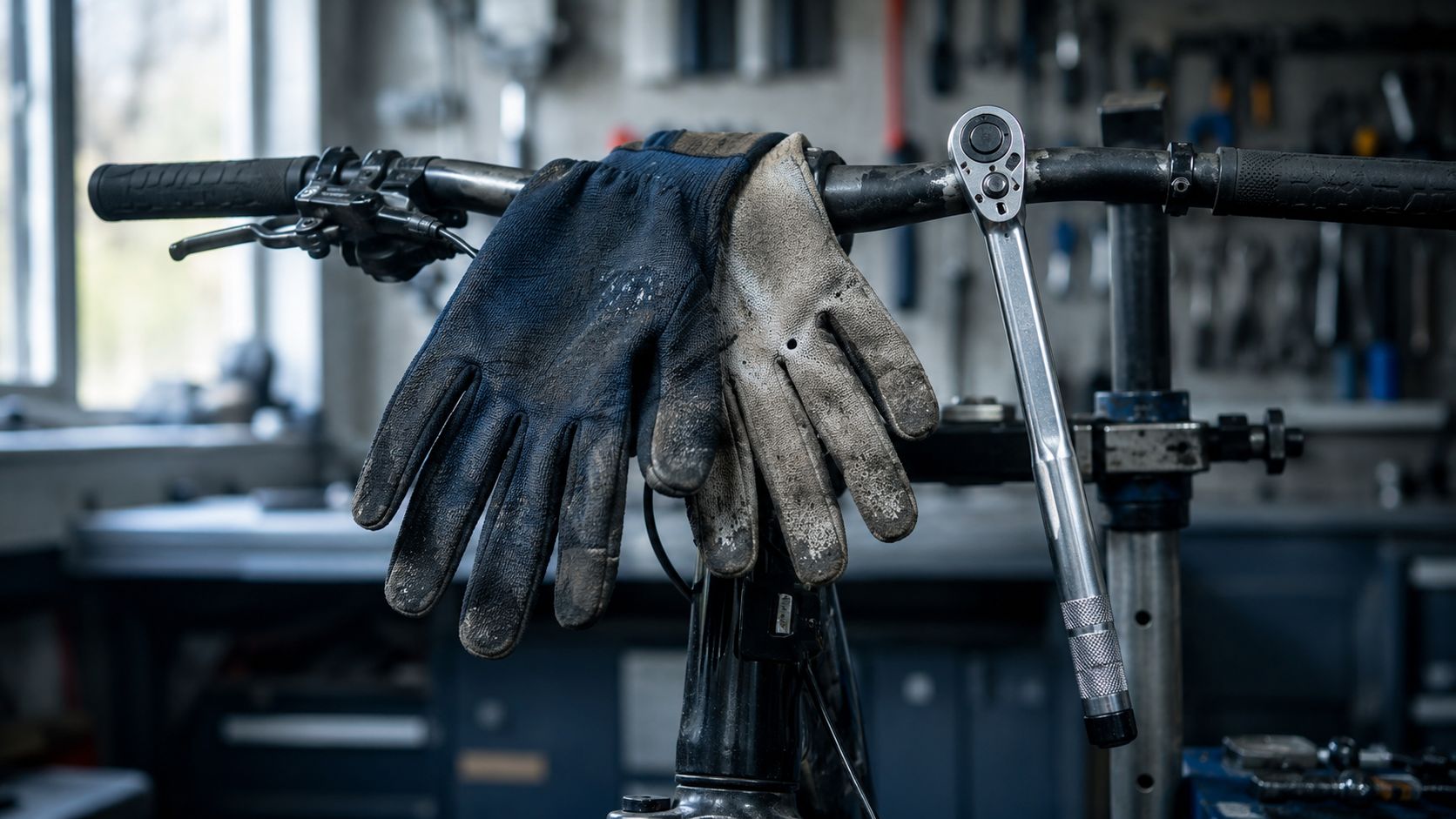 Twee verschillende werkhandschoenen over het stuur van een fiets in de reparatiestandaard, met een momentsleutel eroverheen gehaakt in een fietsenwerkplaats
