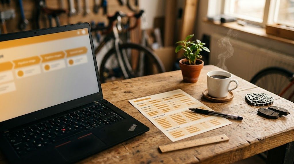 Fietsenmaker met laptop en CRM-systeem in werkplaats