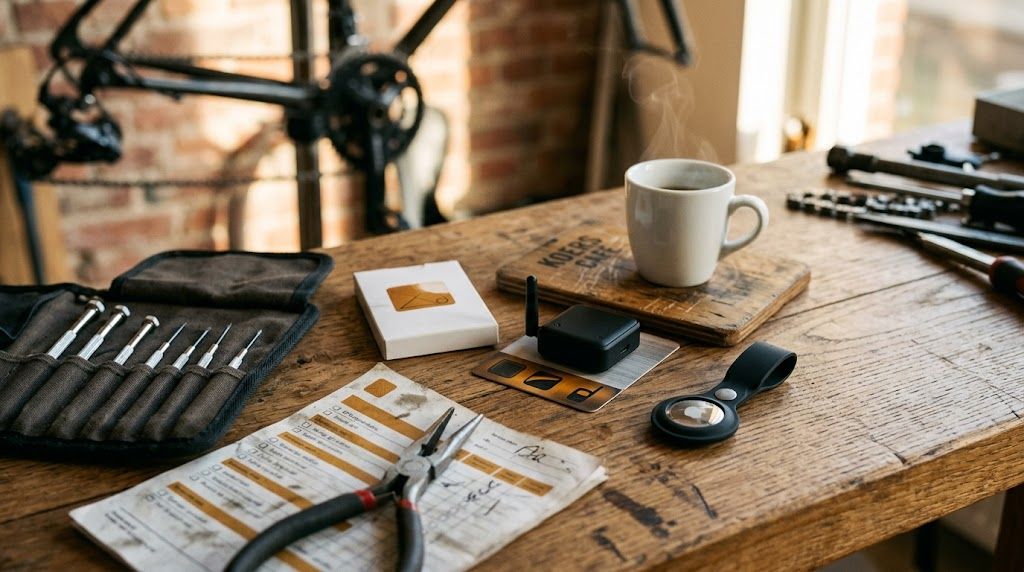Fietsenmaker met GPS-tracker en installatie-gereedschap bij e-bike