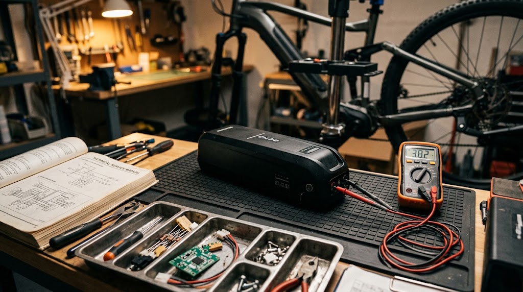 E-bike onderdelen en diagnosetool op een werkplaatsbank