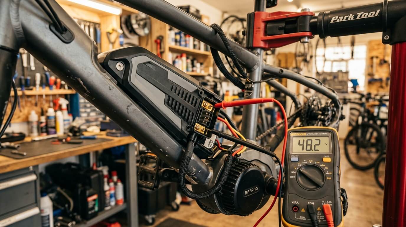 E-bike accu en motor op een reparatiestandaard