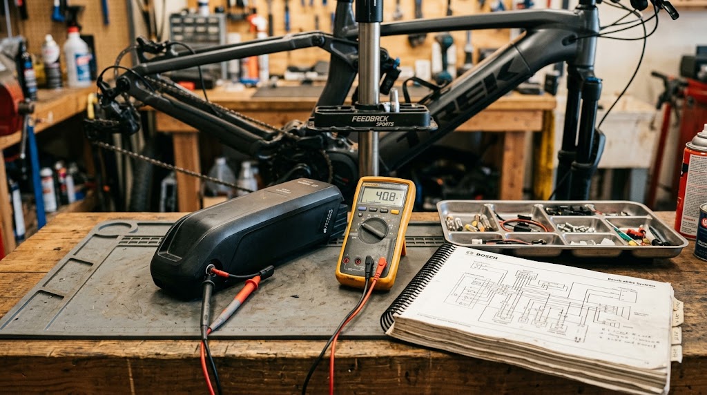 E-bike onderdelen en diagnosetool op een werkplaatsbank