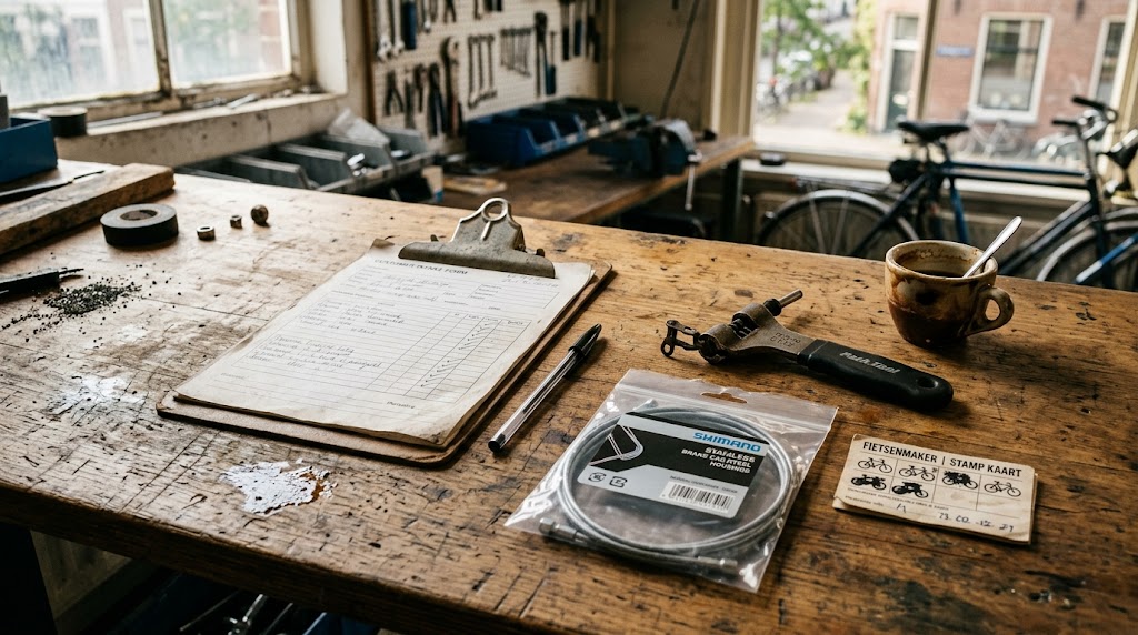 Fietsonderdelen en onderhoudsformulier op een werkplaatsbank