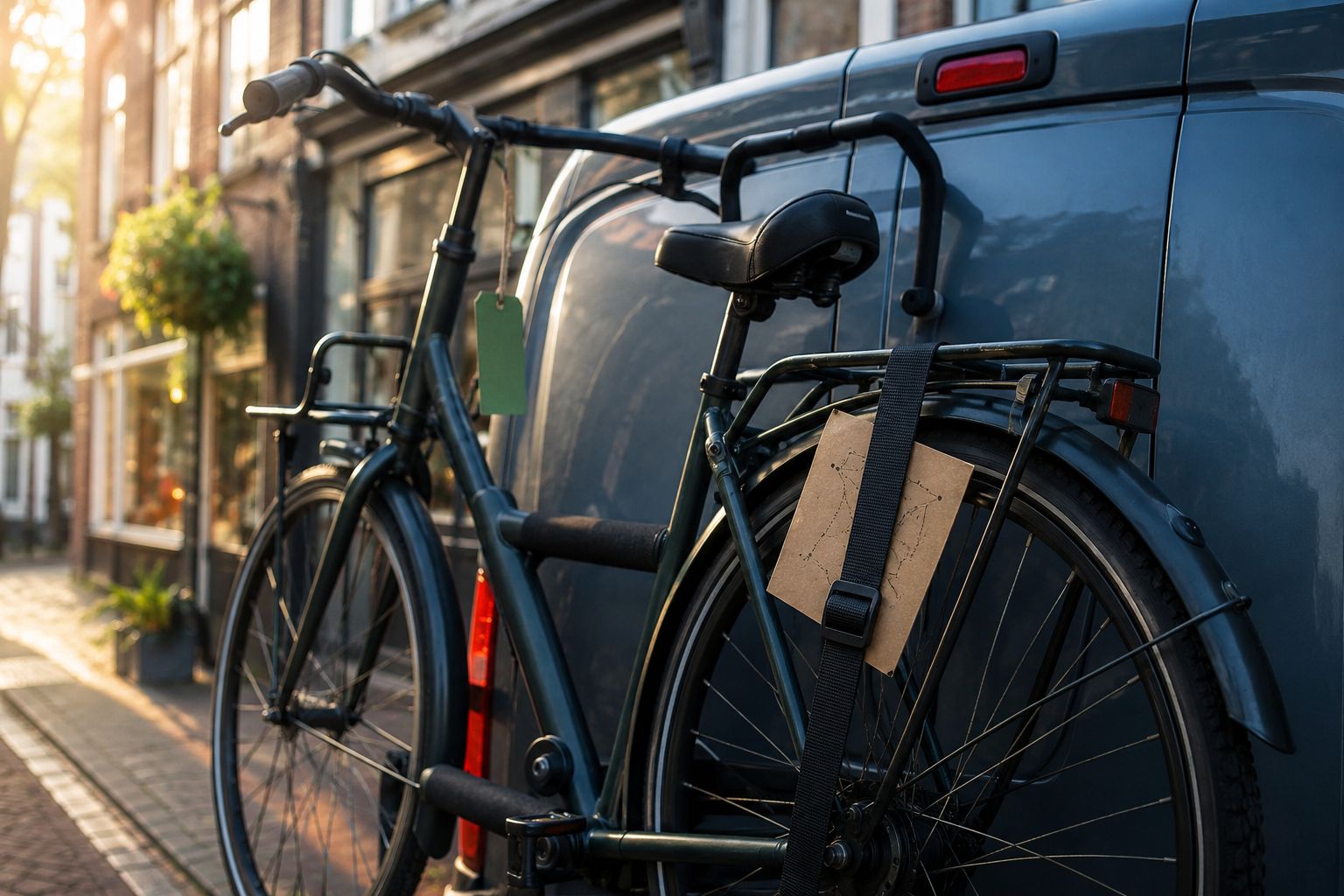 Fietsenmaker naast een bezorgbus met fietsen op een rek, smartphone toont de ophaalroute van de dag