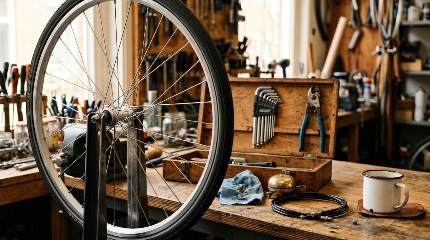 Fiets werkplaats met reparatie-tools, inbus-setten en fiets wiel op standaard