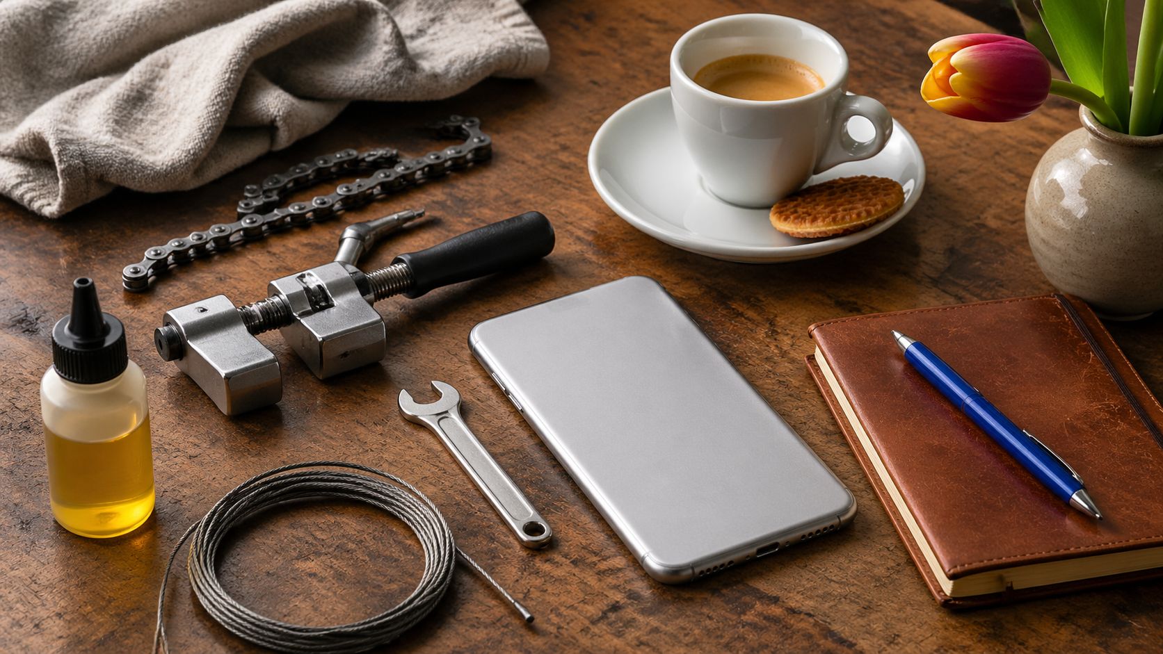 Fietsenmaker werkbank close-up: gereedschap, kettingsluiter, derailleurkabel, smartphone, koffiebeker en notitieblok in zacht werkplaatslicht