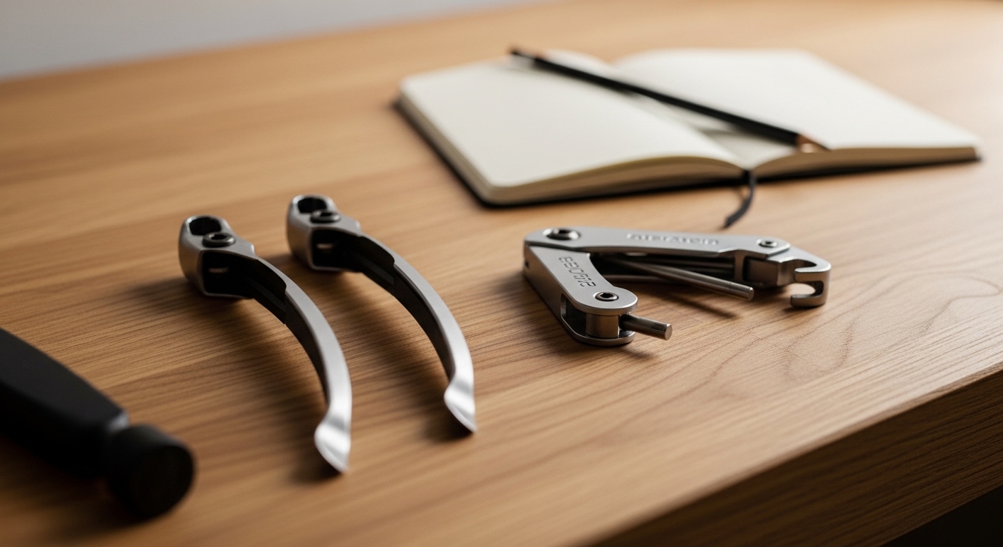 Fietsreparatiegereedschap netjes uitgestald op een werkbank