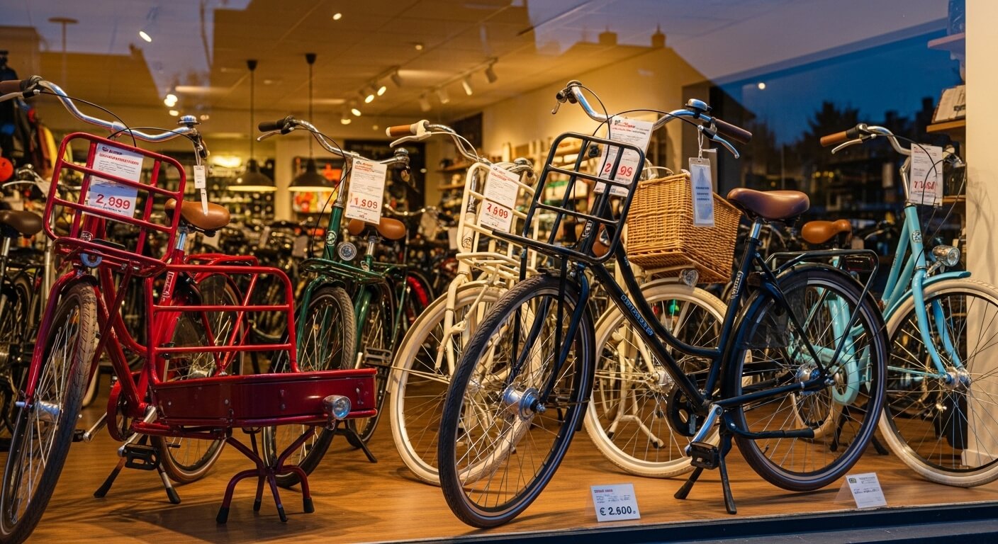 Nederlandse fietsenwinkel met fietsen buiten en bord bij de deur