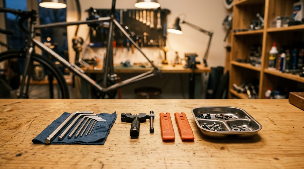 Fietsenwerkplaats met gereedschap en onderdelen