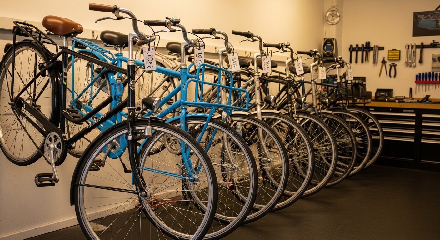 Fietsen opgehangen aan haken in een Nederlandse fietsenwerkplaats