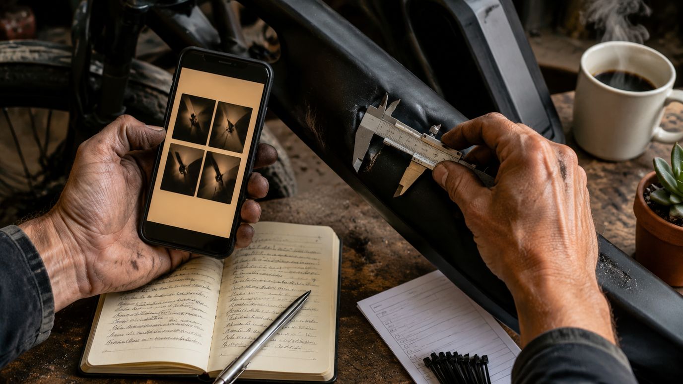 Fietsenmaker-handen herstellen e-bike-frame met schade-rapport en koffie