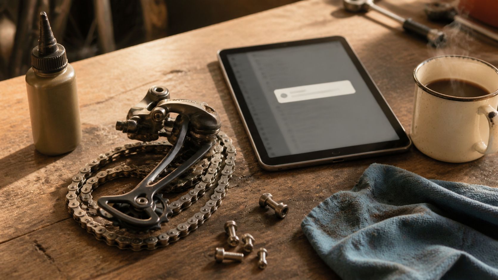 Werkbank in een fietsenwinkel met kettingsmeermiddel, derailleur-onderdelen, tablet met Google Bedrijfsprofiel notificatie en koffie