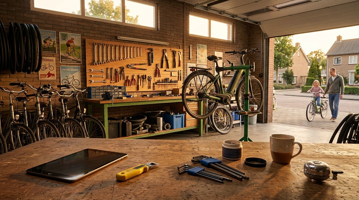 Werkplaats close-up: een tablet face-up op een werkbankje met een Google Bedrijfsprofiel posts-scherm (geblurde tekst), een gele bandopplaktool, een blauwe set inbussleutels, een pot fietsketting-vet en een mok dampende koffie op een houten plank, zachte ochtendzon