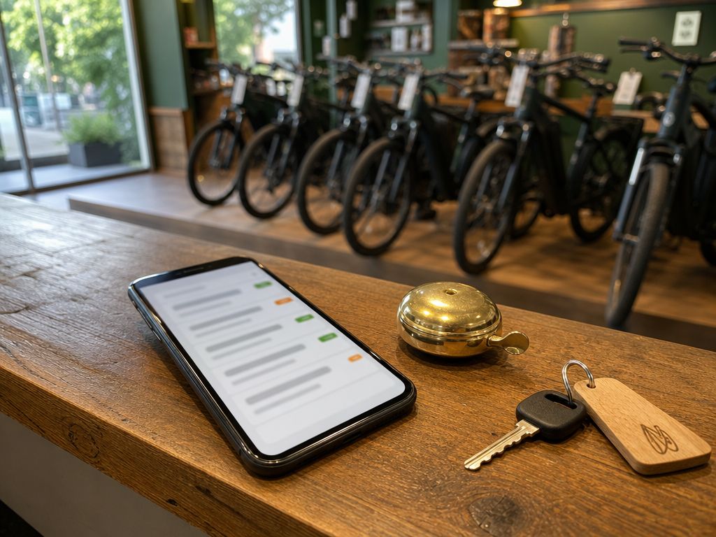 Close-up van een smartphone op de toonbank van een fietsenwinkel, met op het scherm een dienstenlijst in bewerking (geblurde tekst), naast een messing fietsbel en een verhuursleutel aan een houten label, met e-bikes in de showroom op de achtergrond