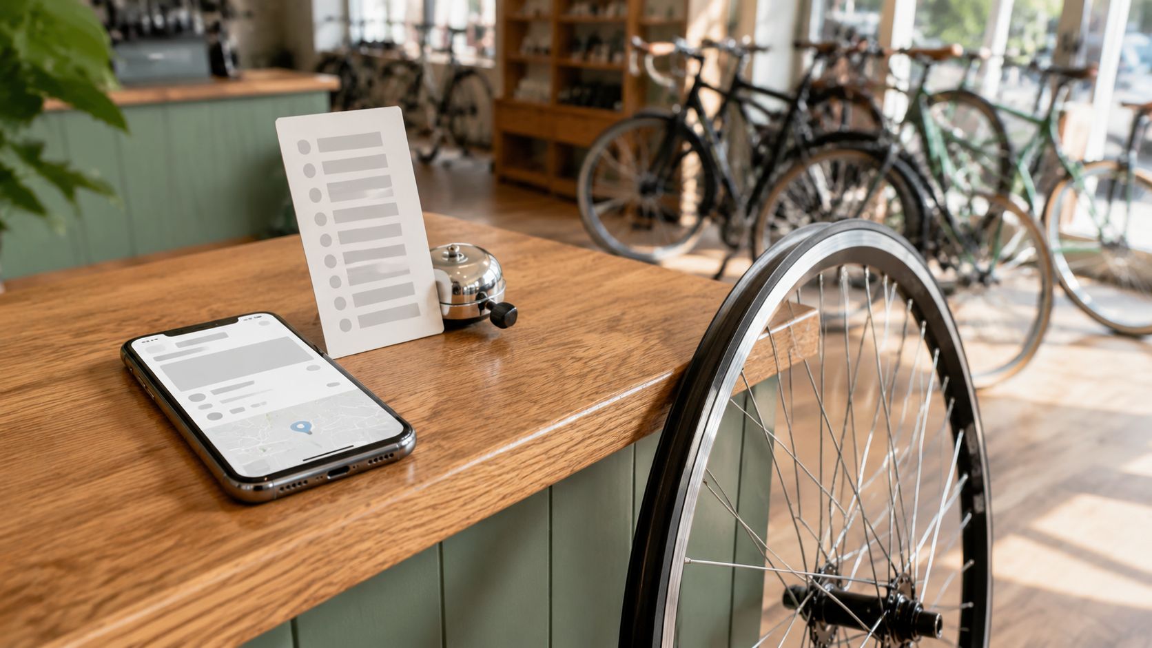 Toonbank van een fietsenwinkel met een smartphone die het Google Bedrijfsprofiel van de zaak toont, naast een bonnenboekje en een reservesleutelset
