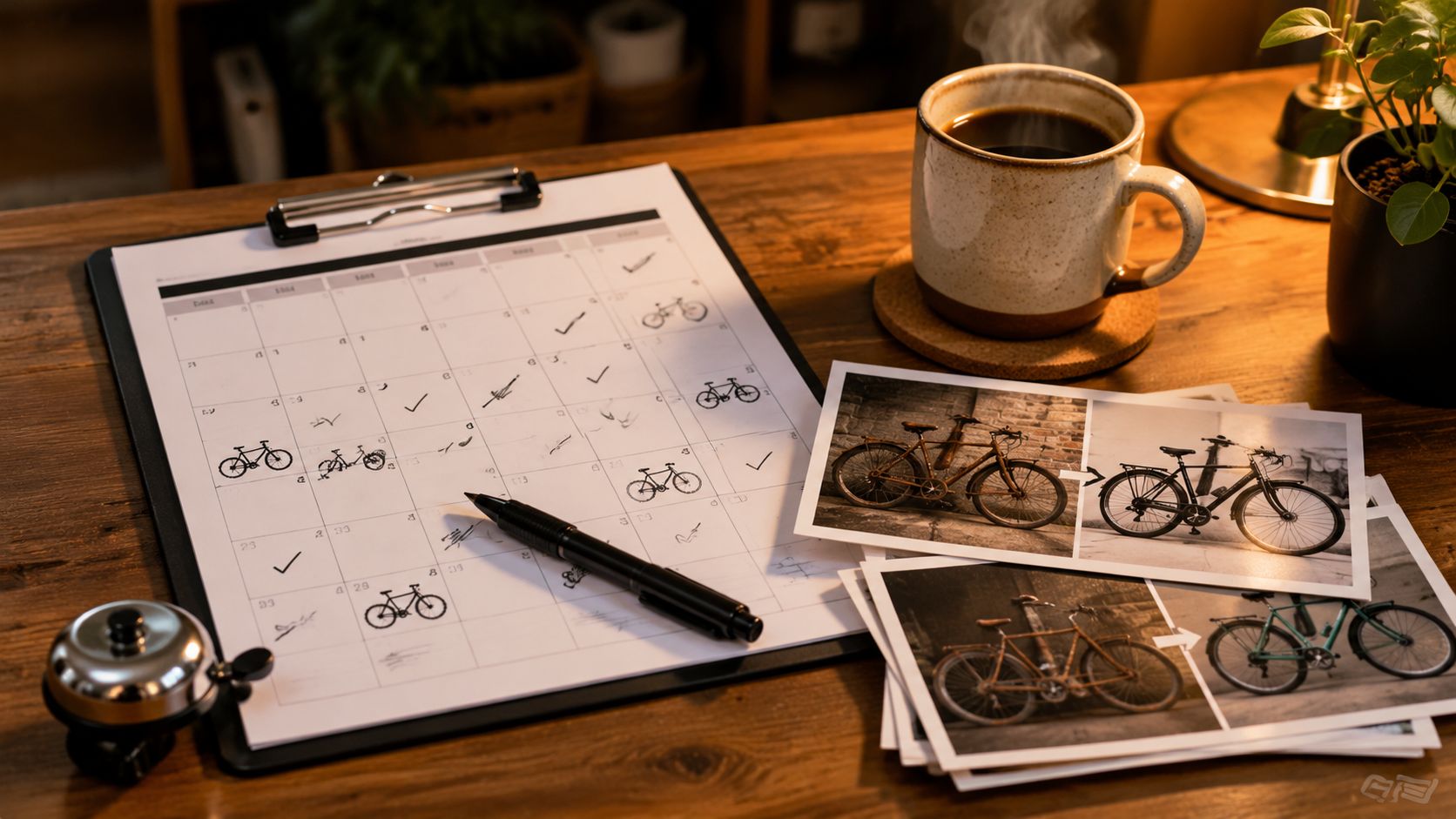 Werkbank in een fietsenwerkplaats met smartphone, fiets in de montagestandaard en gereedschap klaar voor een social media foto