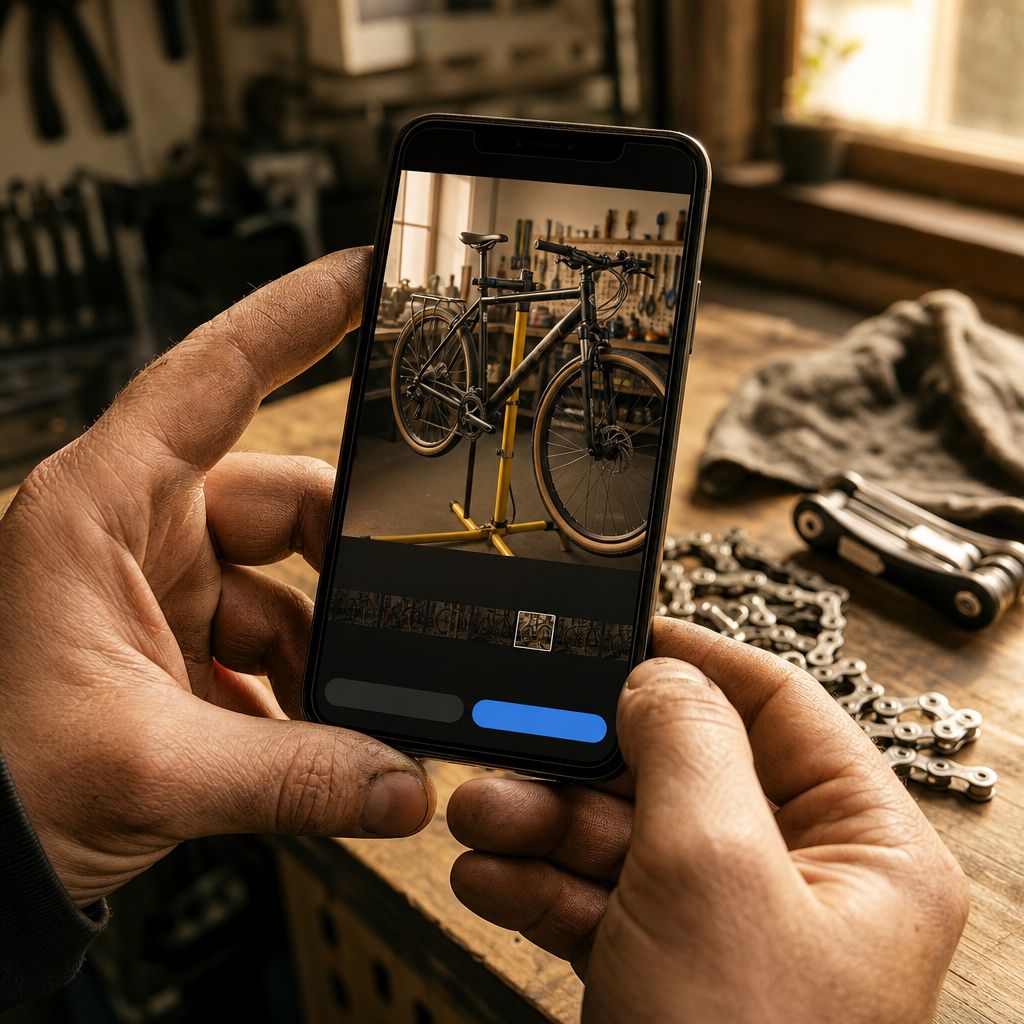 Fietsenmaker met telefoon film een fiets-reparatie in werkplaats voor Instagram Reel