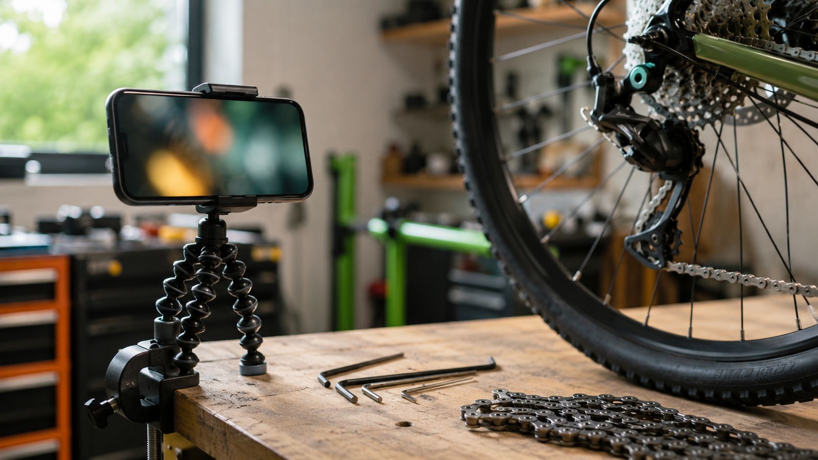 Fietsenmaker filmt met een telefoon op statief een reparatie in een lichte werkplaats