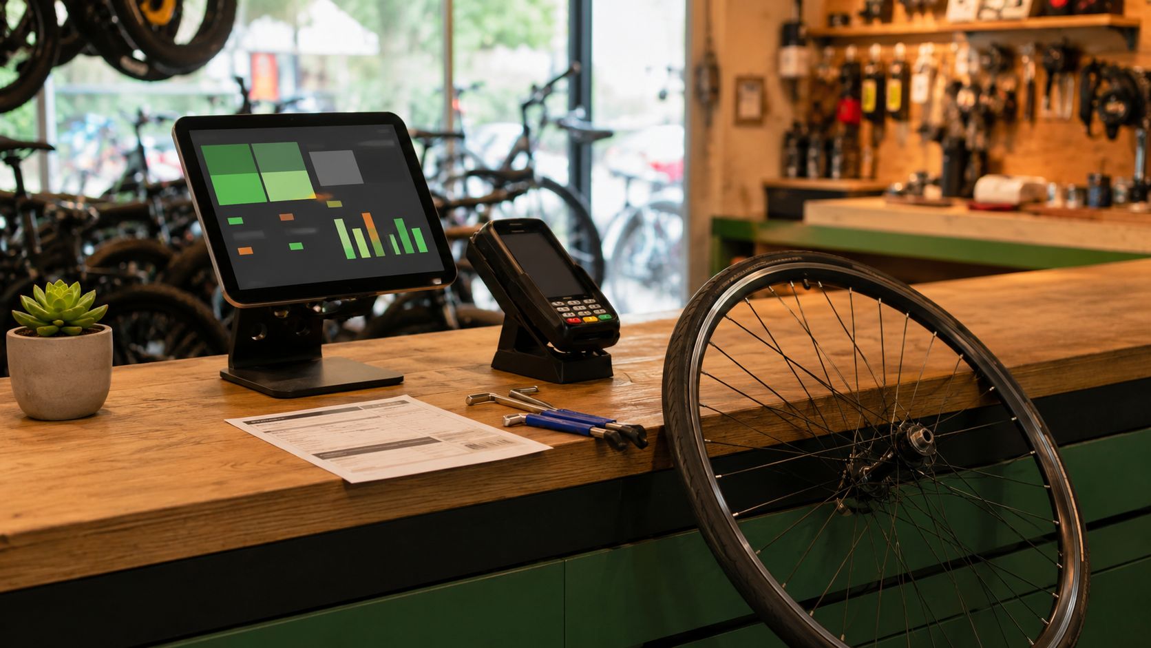Fietsenwinkel-toonbank met een kassascherm en pinterminal naast een reparatie-werkbon en een fietswiel