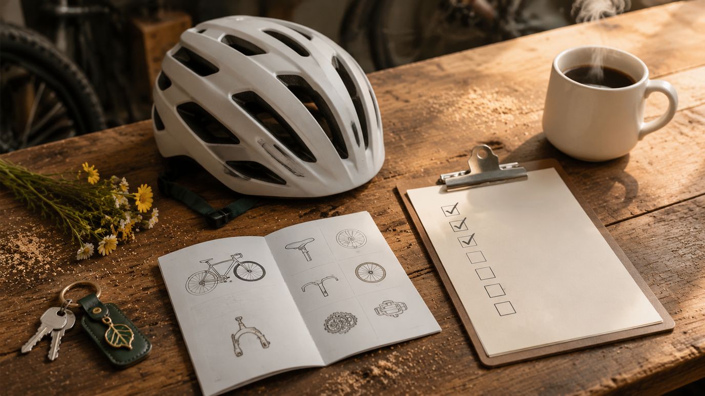 Werkbank in fietsenwerkplaats met klembord, afgehandelde leasefiets-checklist, opgevouwen handleiding en koffiemok