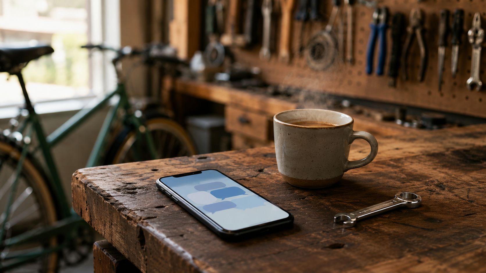 Smartphone met zachte chatnotificatie geklemd op het stuur van een fiets in een werkplaats