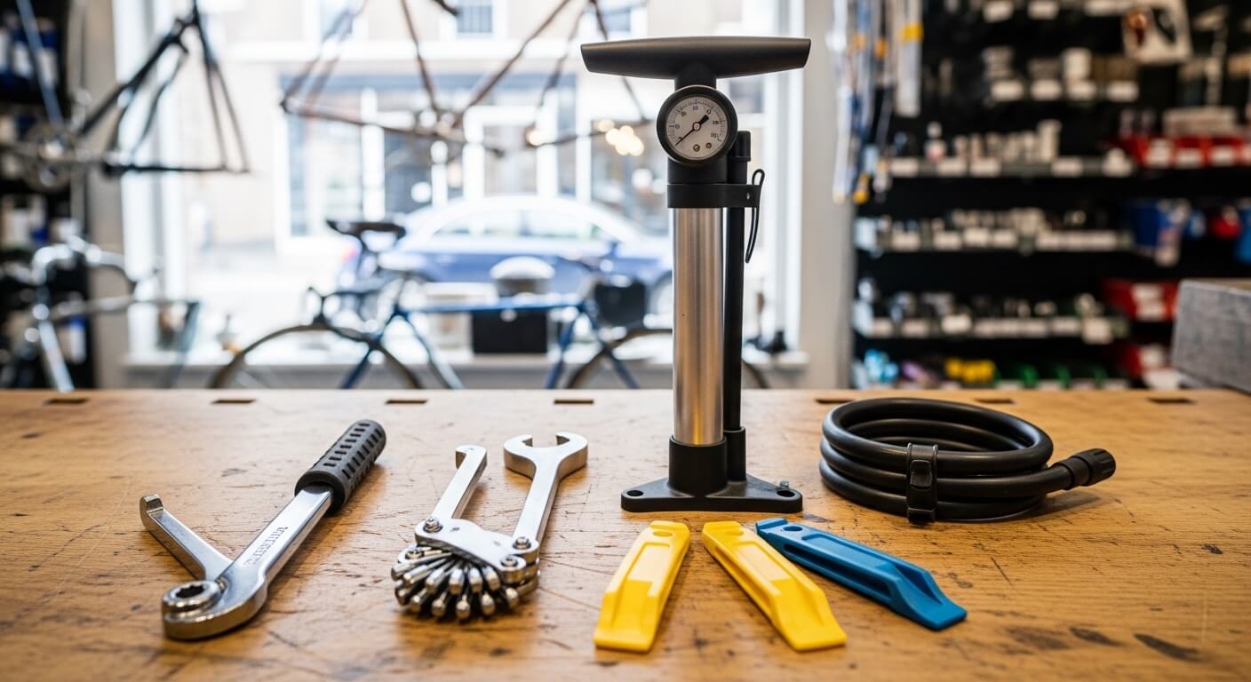 Professioneel fietsreparatie-gereedschap op werkbank
