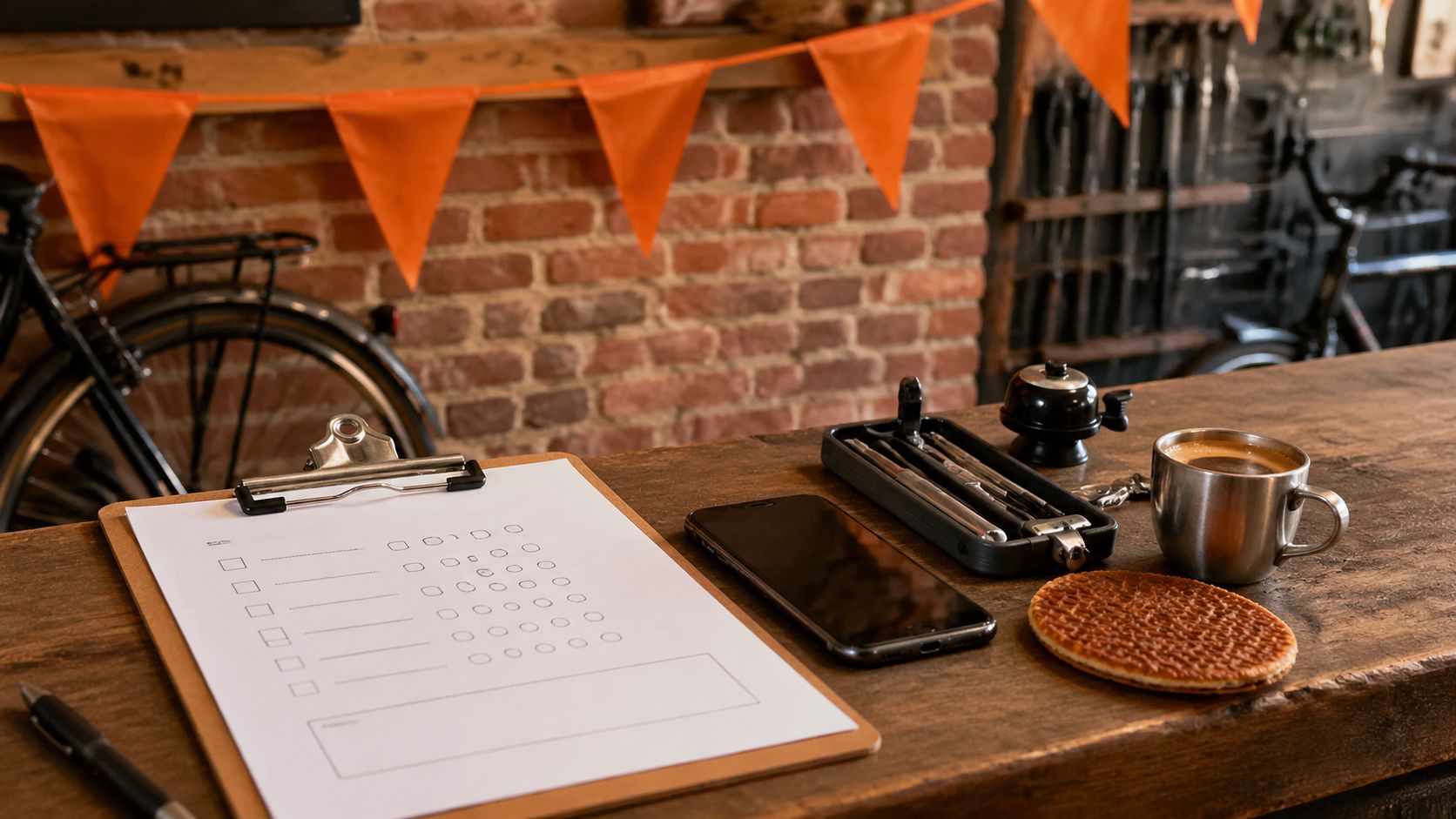 Fietsenwinkel-balie met smartphone, klantformulier, fietssleutel, espresso, stroopwafel en oranje Koningsdag-vlaggetjes hangend boven het werkblad