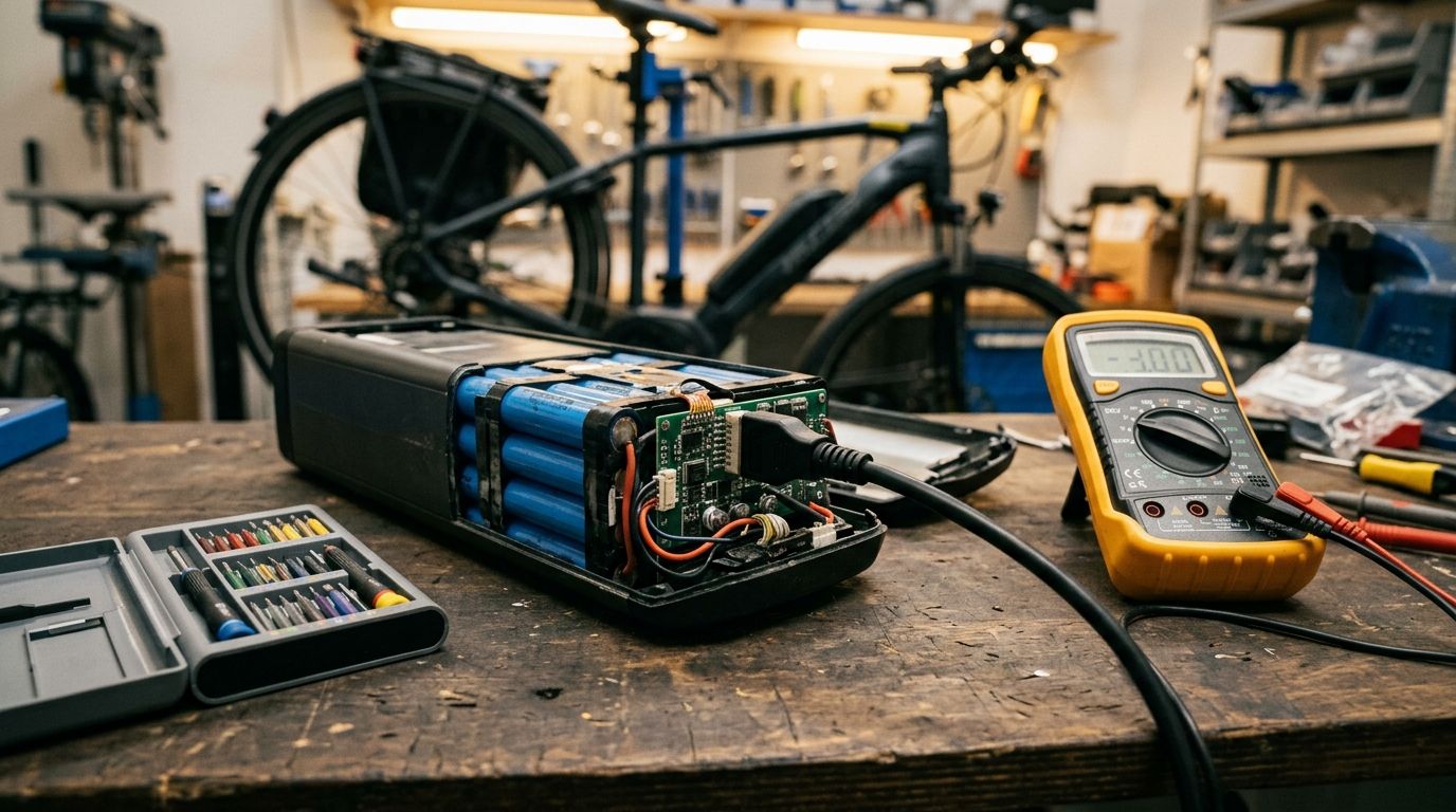 Close-up van e-bike accu geopend voor inspectie op werkbank, diagnosekabel aangesloten, multimeter zichtbaar, steekwagen met fiets in achtergrond onscherp