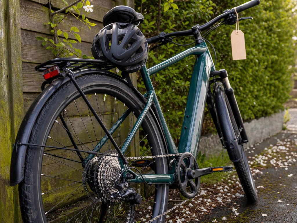 Fietsenmaker bekijkt onderhoudsplanning op telefoon naast e-bike in de werkplaats, accu op het laadstation