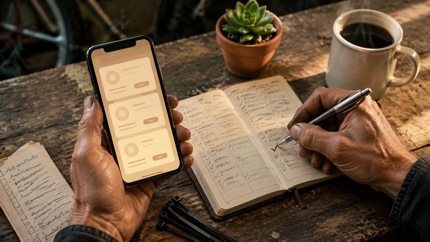 Fietsenmaker-werkbench met laptop, smartphone met booking-interface en koffiemok
