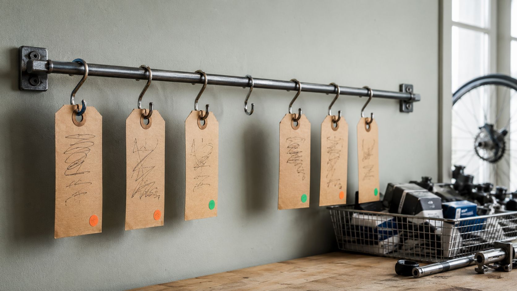 Werkbon-kaartjes met kleurstickers aan een stalen rail boven de werkbank, een haak leeg