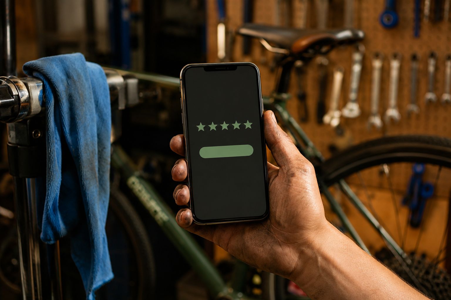 Fietsenmaker in de werkplaats bekijkt op zijn telefoon een concept-antwoord op een review, met een fiets in de montagestandaard en gereedschap op de achtergrond