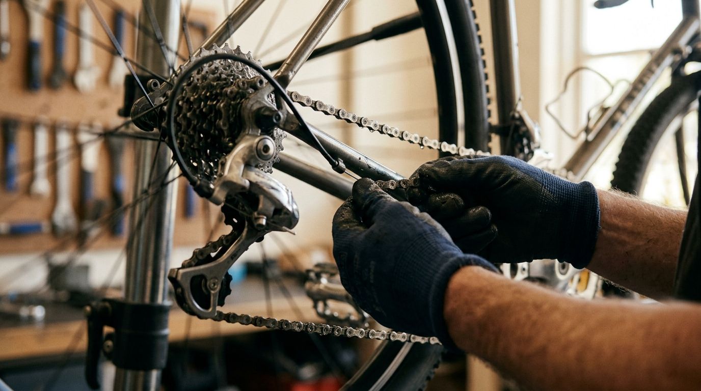 Fietsenmaker controleert ketting van een opnieuw gemonteerde fiets in een werkplaats