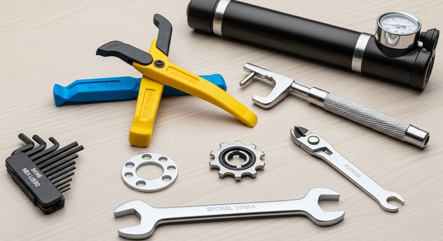 Fietsreparatie gereedschap op een werkbank