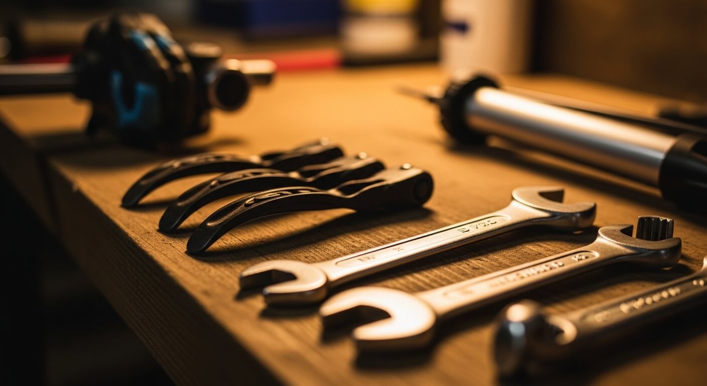 Professionele fietsenwerkplaats met gereedschap aan de muur en een fiets op de werkstandaard
