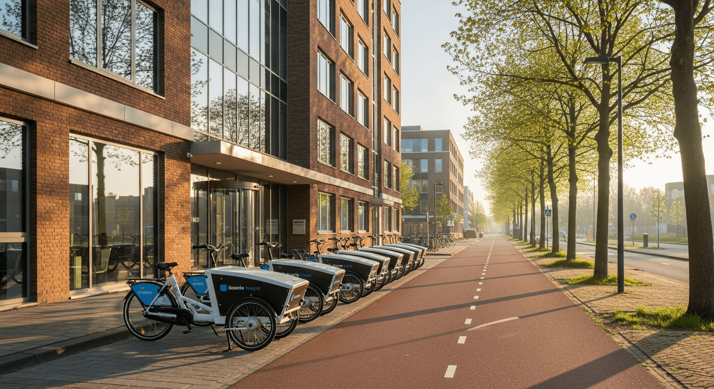 Bedrijfsbakfietsen geparkeerd bij een Nederlands kantoorgebouw
