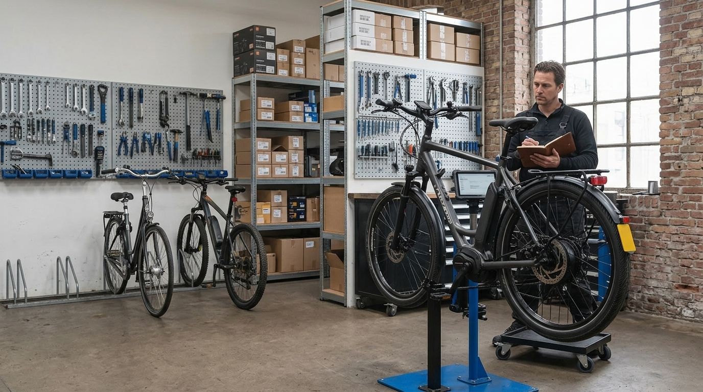 Speed pedelec op een werkplaats-bok in een Nederlandse fietsenwerkplaats, monteur met diagnose-tablet