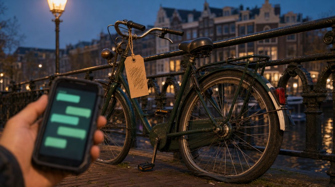 Fiets op de montagestandaard in een avondlijke fietsenwerkplaats terwijl de telefoon een aanvraag opvangt