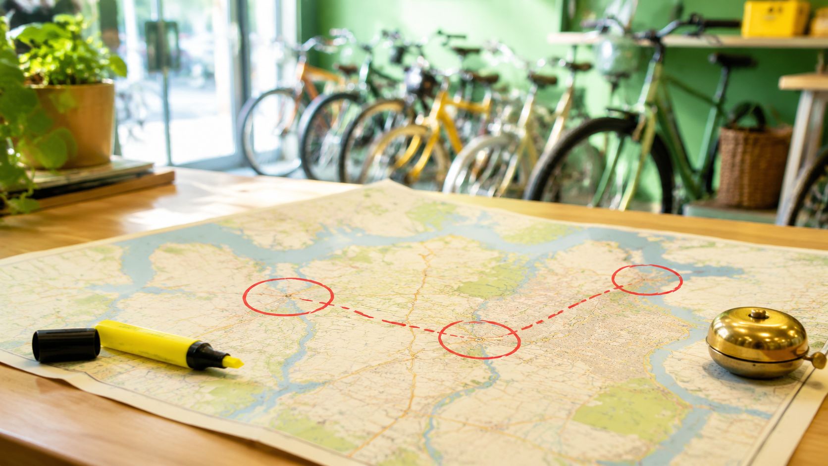 Stadspagina-plan voor een fietsenwinkel met kaart en notities op de toonbank