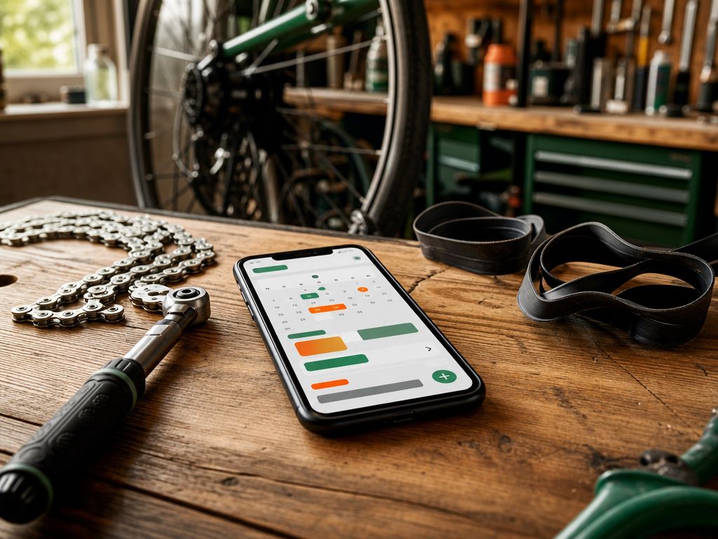 Smartphone op een fietsenwerkbank met een agenda-app open (abstract dashboard zonder leesbare tekst), naast een momentsleutel en een binnenband, warm middag-licht