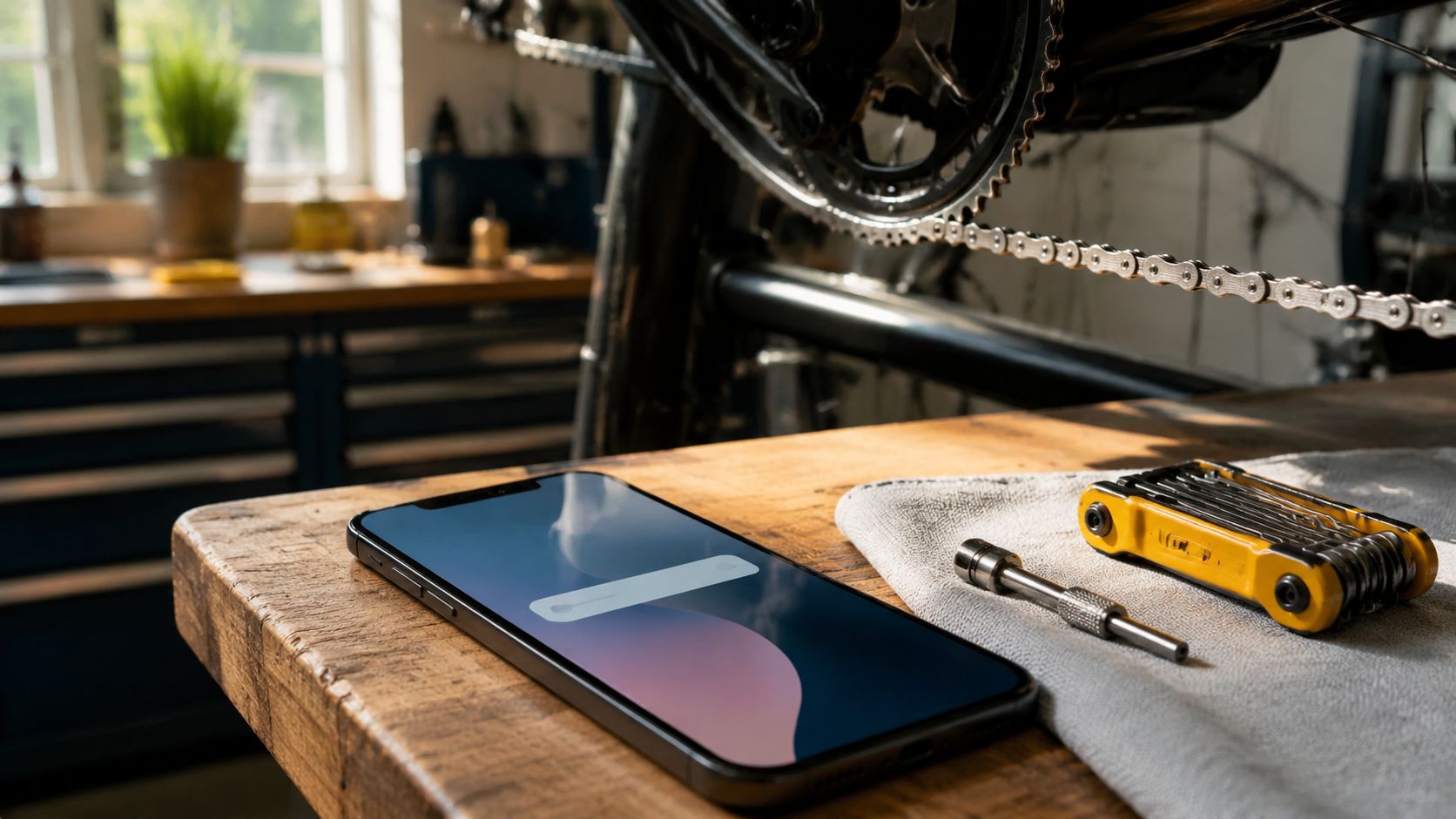 Voice AI vs voicemail vergelijking bij fietsenwinkel met fiets op montagestandaard
