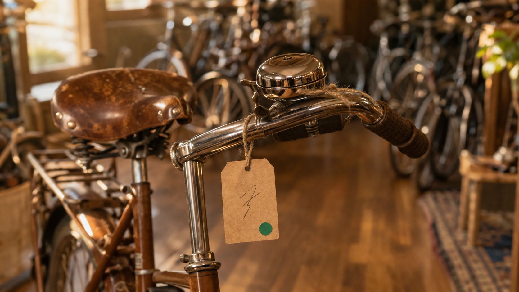 Kartonnen reserveringskaartje aan een touwtje geknoopt om het stuur van een opgeknapte tweedehands stadsfiets in de showroom van een fietsenwinkel